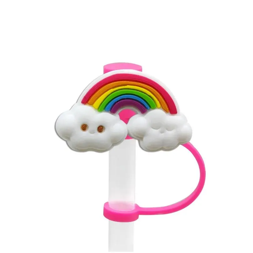 custom funny pattern rainbow soft silicone straw toppers accessories charms reusable splash proof drinking dust plug decorative 8mm straw in tumbler