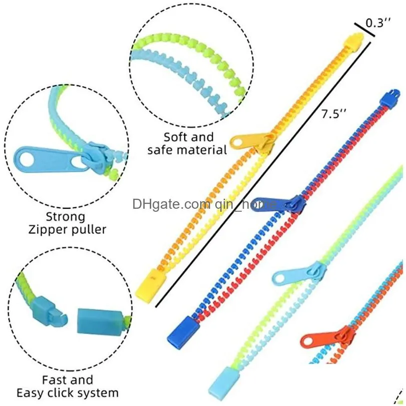 dhs bracelets toys party zipper bracelet 7.5 inches s toy sensory neon color friendship for kids adults christmas gifts