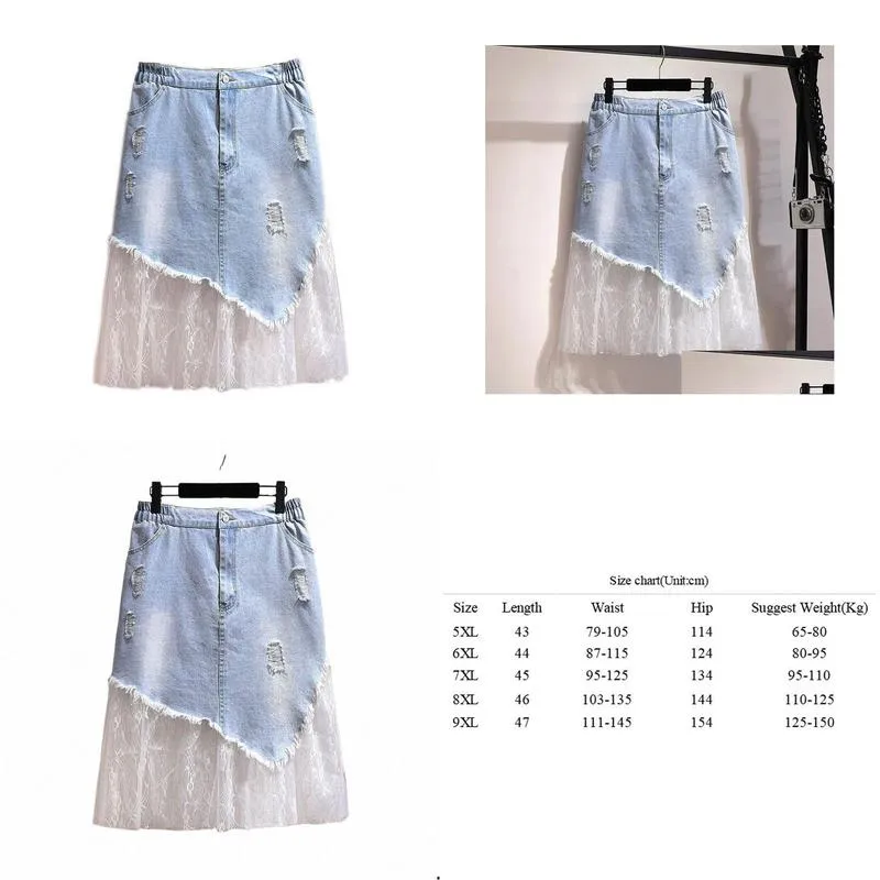 150kg Plus Size Women`s Spring Summer Mesh Panel A-Line Denim Skirt Blue Hip 154cm 5XL 6XL 7XL 8XL 9XL c1we#