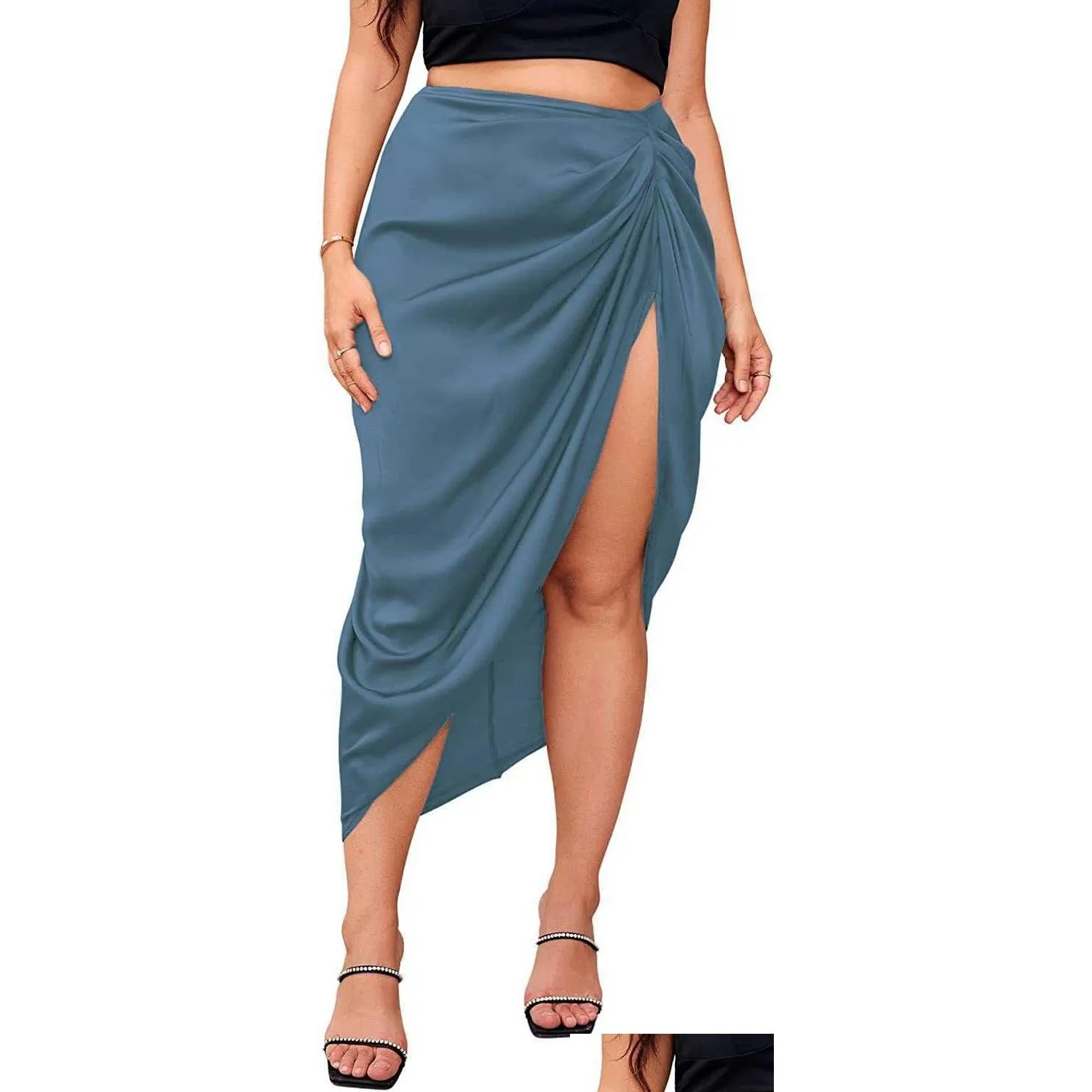 SheIn Women`s Plus Asymmetrical Side Split High Waist Midi Ruched Satin Skirt