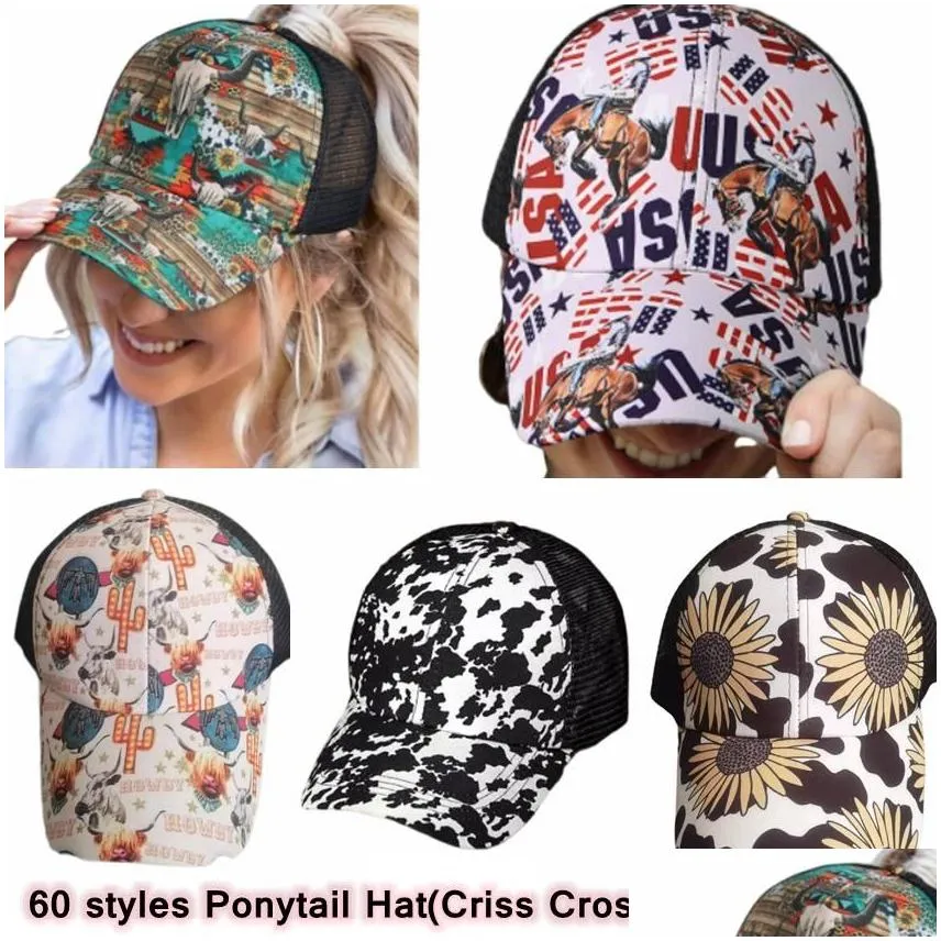 woman ponytail baseball cap party hats washed distressed messy buns ponycaps leopard sunflower criss cross trucker mesh hat