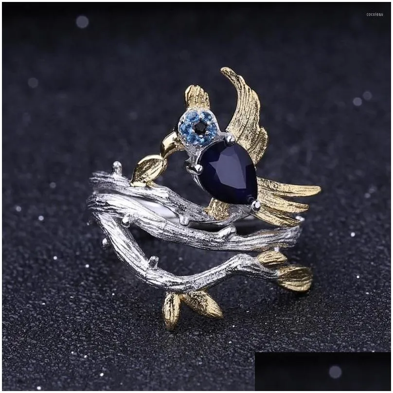 Cluster Rings GEM`S BALLET 925 Sterling Silver 0.65Ct Natural Vintage Blue Sapphire Ring Handmade Bird On Branch For Women Fine