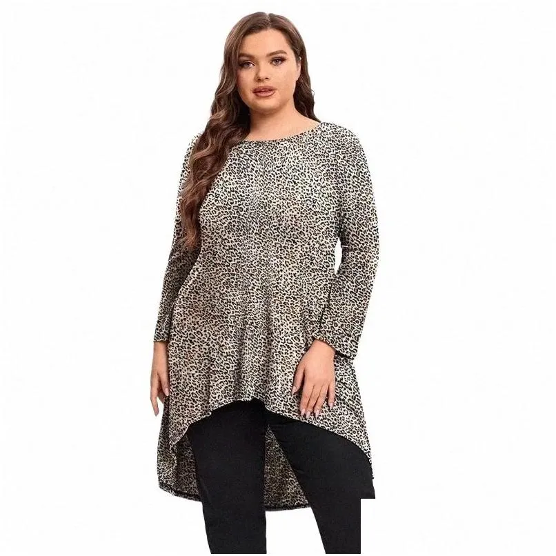 plus Size Lg Sleeve Leopard Print Casual Hi Low Tunic Women Lg Fit Flare Loose Swing Blouse And Tops Large Size T Shirt 5XL V2Am#