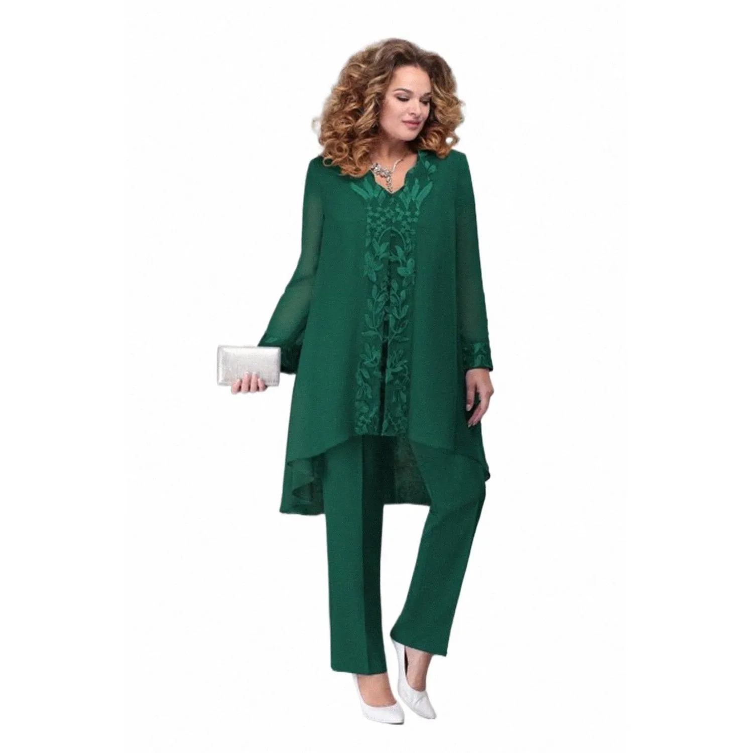 plus Size Summer Fi Embroidery Party Three Piece Set Women Casual Loose V-Neck Irregular Lg Shirt Top Pants 3 Piece Set R5gk#