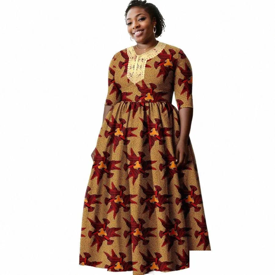 african Women`s Plus Size Dr Ankara Loose Chest Hot Patch Embroidery Embellished Dr A2325056 o42z#