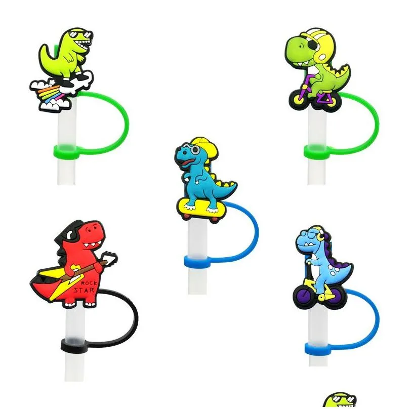 custom dinosaur silicone straw toppers accessories cover charms reusable splash proof drinking dust plug decorative 8mm straw party