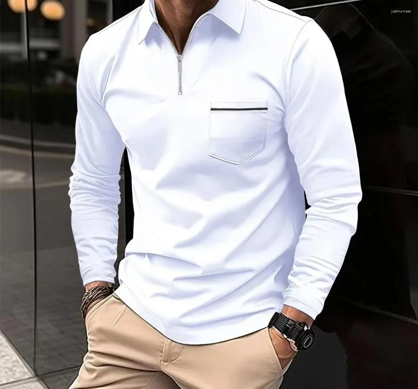 Polo T-shirts for Men Fashion Versatile Casual Solid Color Zip Pocket Long Sleeved Sports Loose Fitting Shirt Autumn