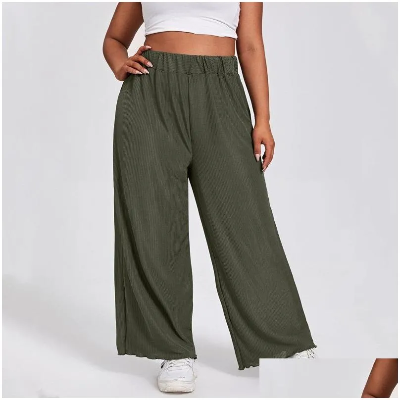 plus Size Elastic Waist Summer Elegant Wide Leg Pants Loose Rib Knitted Casual Straight Pants Trousers Plus Size Womens Bottoms S2pK#