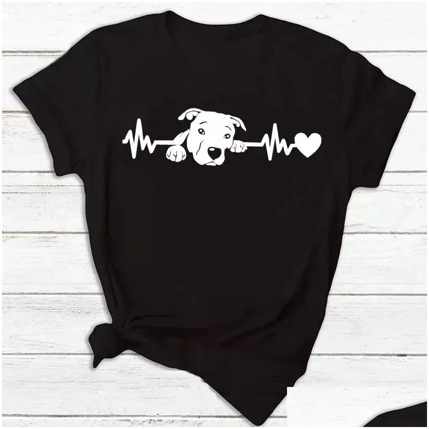 plus Size Women Dog Heartbeat Print T-shirt Girl Funny 90s Print T Tee Fi Tshirt for Female Red Shirt Clothes Tops S2Ka#