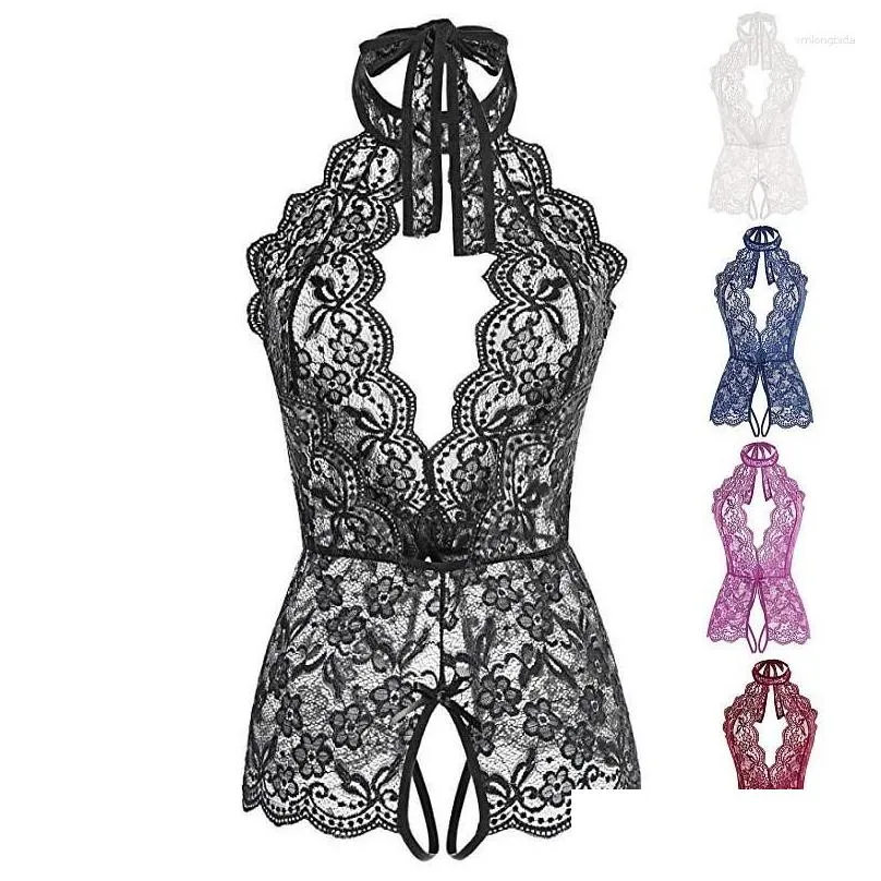 Women`S Sleepwear Womens Women Deep V Open Erotic Lingerie Lace Transparent Bra Set Y Costumes Crotchless Bodysuit Female Underwear D Dhleq