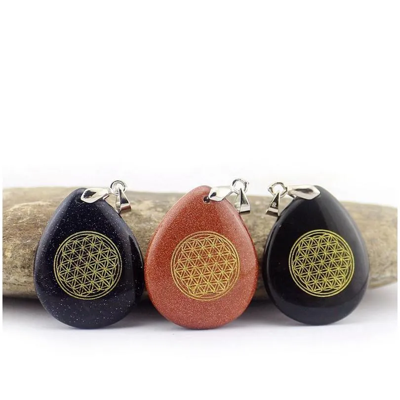 Pendant Necklaces Natural Stone Water-Drop Shape Aura Pendants Necklace Engraved Flower Of Life Reiki Symbol Creative Amet Healing Cry Dh7En