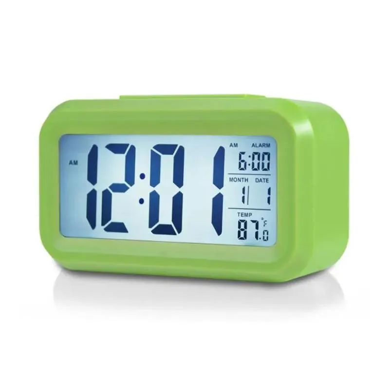 plastic mute alarm clock lcd smart temperature cute p osensitive bedside digital alarms clocks snooze nightlight calendar