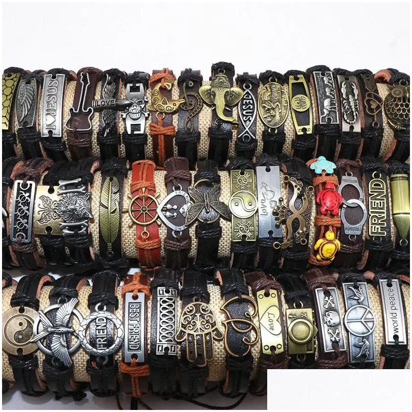 Charm Bracelets Mens Vintage Cross Jesus Love Animal Etc Mix Style Leather Metal Adjustable Cuff Bangle Wristband For Drop Delivery J Dh6Gv