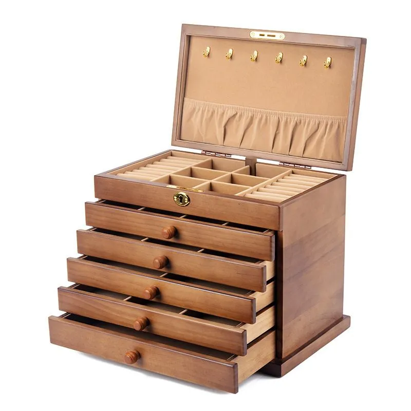 Jewelry Settings Drawer Box Organizer Storage Chinese Style Pine Wooden Large High Capacity Luxurious Solid Wood Necklace Earrings