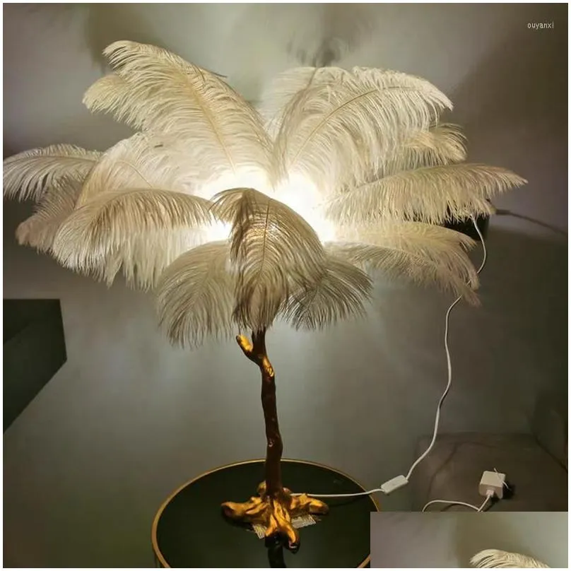 Lamps Floor Lamps Nordic Ostrich Feather Led Lamp Resin Copper Living Room Home Decor Standing Light Indoor Lighting Bedroom Bedside