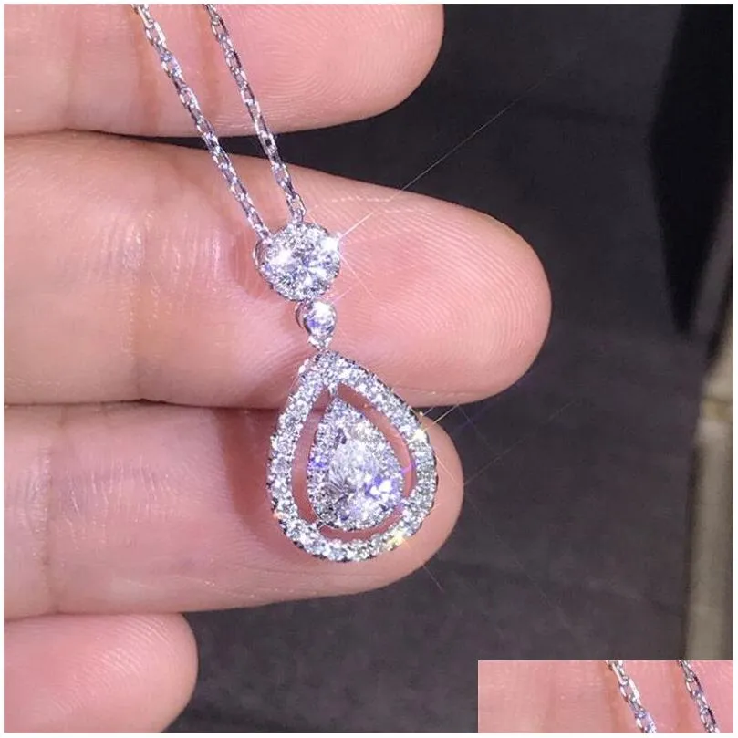 New Victoria Sparkling Luxury Jewelry 925 Sterling Silver&Rose Gold Fill Drop Water White Topaz Pear CZ Diamond Women Pendant Chain