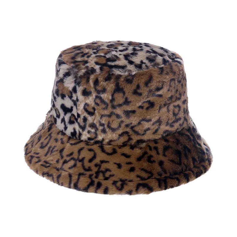 Ethnic Clothing Imitation Fur Bucket Hat Unisex Winter Panama Small Colored Leopard Print WarmBasin Lady