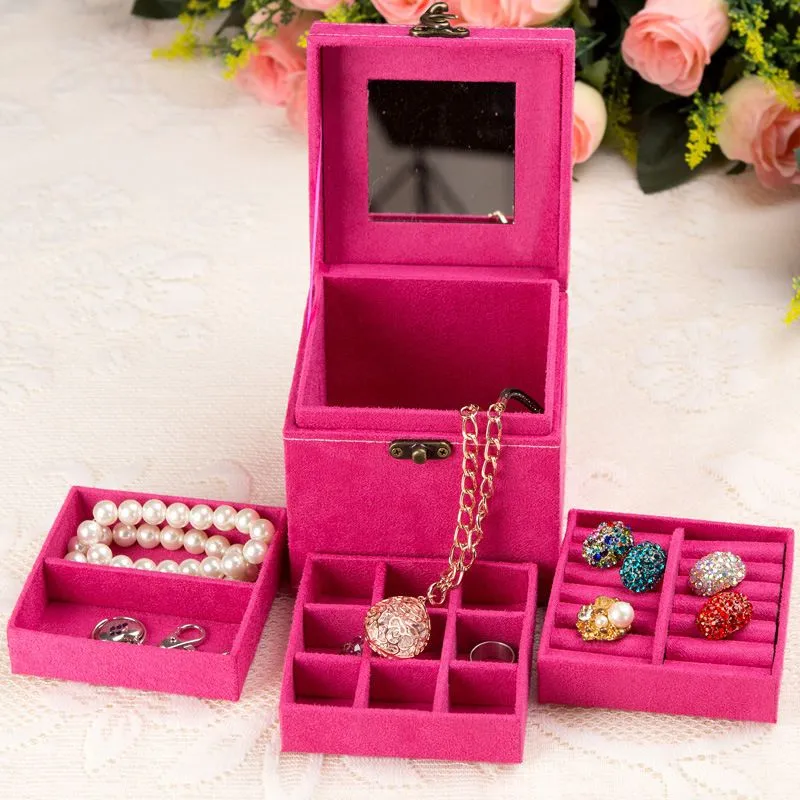 Jewelry Settings Vintage Velvet ThreeTier Box Storage Cases with Wood Mirror Display Packaging Organizer for Earring Necklace Ring Boxes