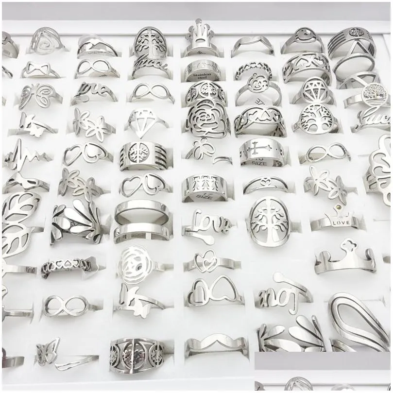 Wholesale 100pcs/Lot Mens Womens Stainless Steel Band Rings Silver Laser Cut Patterns Hollow Carved Flowers Mix Styles Fashion Jewelry Party