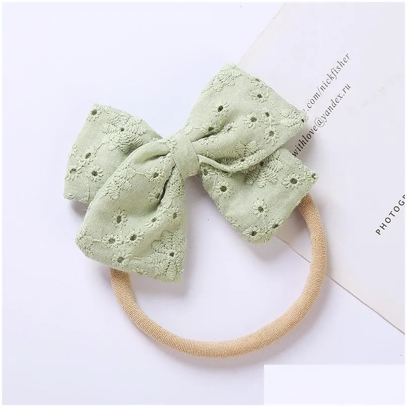 Baby Lace Embroidered Hair Bow Nylon Headband Solid Bowknot Nylon Elastic Hairbands for Newborn Toddler Girls Hair Clip