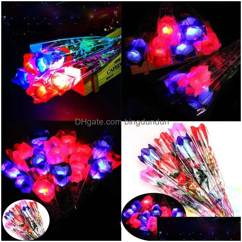 Valentine`s Day Party Supplies Led Colorful Cloth Rose Flower Luminous Flashing Wand Stick Decoration Bouquet Christmas Decor