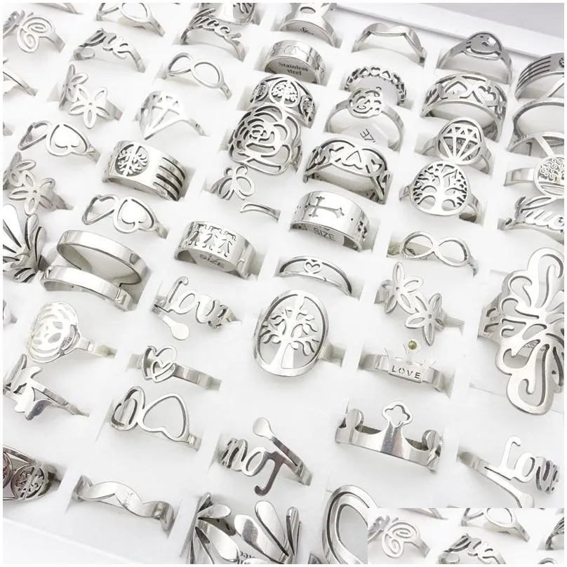 Wholesale 100pcs/Lot Mens Womens Stainless Steel Band Rings Silver Laser Cut Patterns Hollow Carved Flowers Mix Styles Fashion Jewelry Party