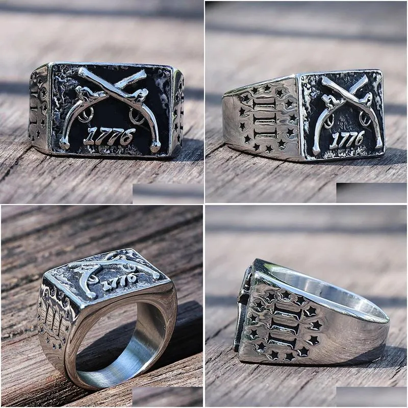 Vintage 1776 Independence Day Ring Heavy Sugar 14K White Gold  Men Rings Double Guns Punk Gothic Ring Mens Biker Jewelry
