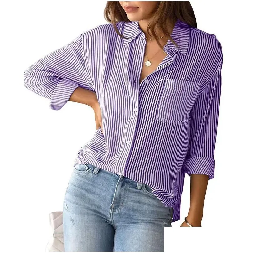 Womens shirt women`s shirt designer cottona button-up shirt Striped classic long-sleeved collared office work shirt with pocket Loose casual long