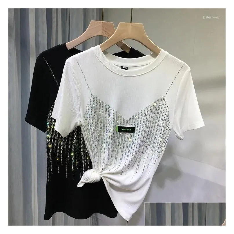 Summer Diamond Short Sleeve T Shirt For Women 4XL Plus Size Chic Casual Solid Color O Neck T-shirt Ladies Streetwear Tees Top