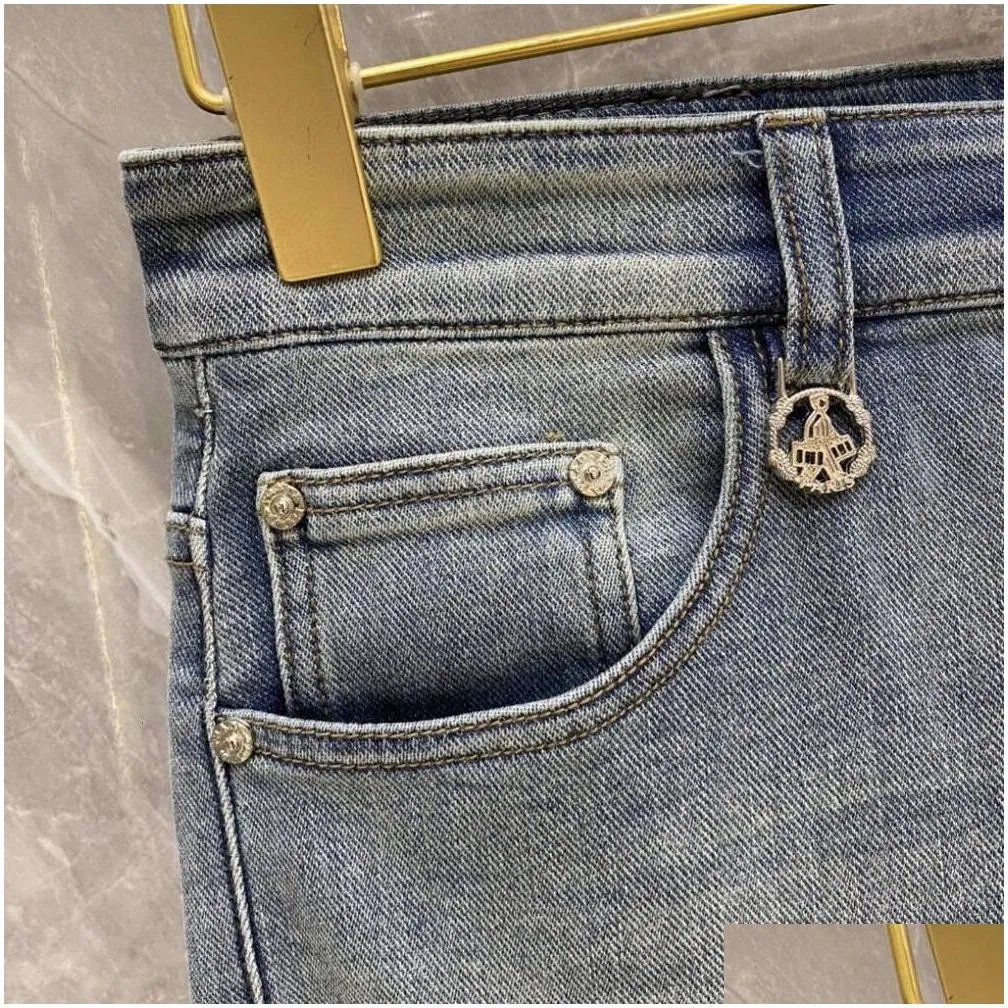 High quality mens jeans designer pants men slim small straight cotton casual denim trousers fashiona triangle logo letter graphic denims