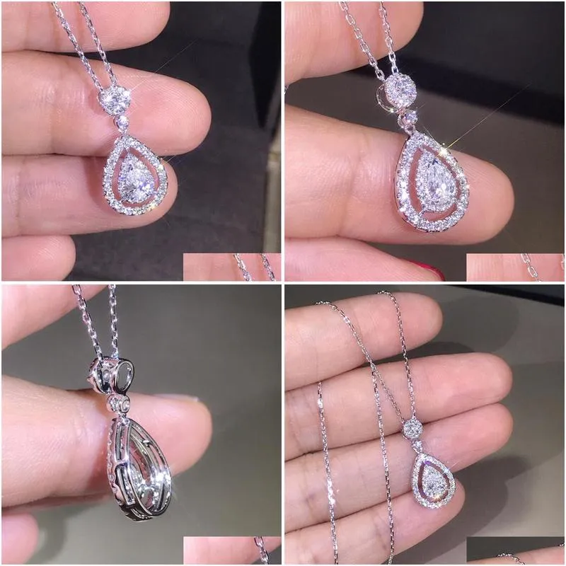 New Victoria Sparkling Luxury Jewelry 925 Sterling Silver&Rose Gold Fill Drop Water White Topaz Pear CZ Diamond Women Pendant Chain