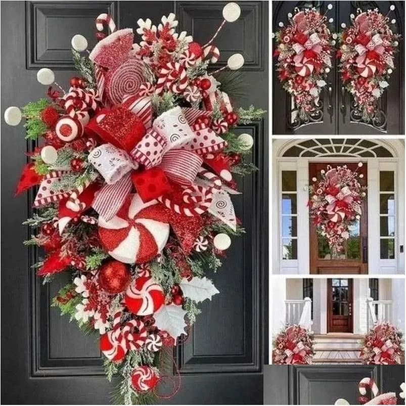 Christmas Decorations Christmas Wreath Candy Cane Artificial Wreath Window Door Hanging Garlands Rattan Home Christmas Decoration 2023New Year Navidad