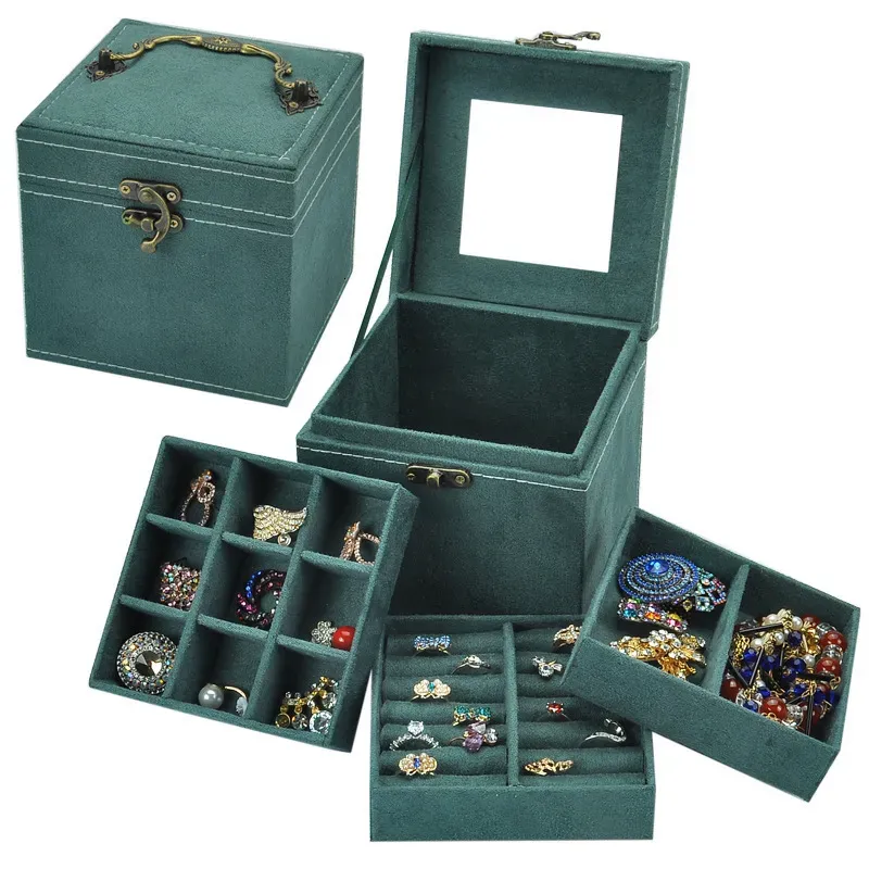 Jewelry Settings Vintage Velvet ThreeTier Box Storage Cases with Wood Mirror Display Packaging Organizer for Earring Necklace Ring Boxes