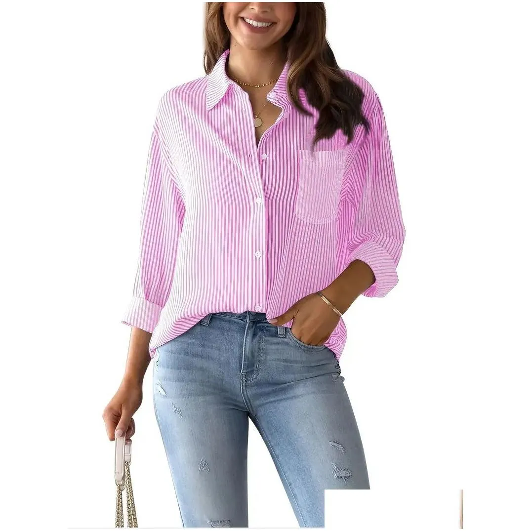Womens shirt women`s shirt designer cottona button-up shirt Striped classic long-sleeved collared office work shirt with pocket Loose casual long