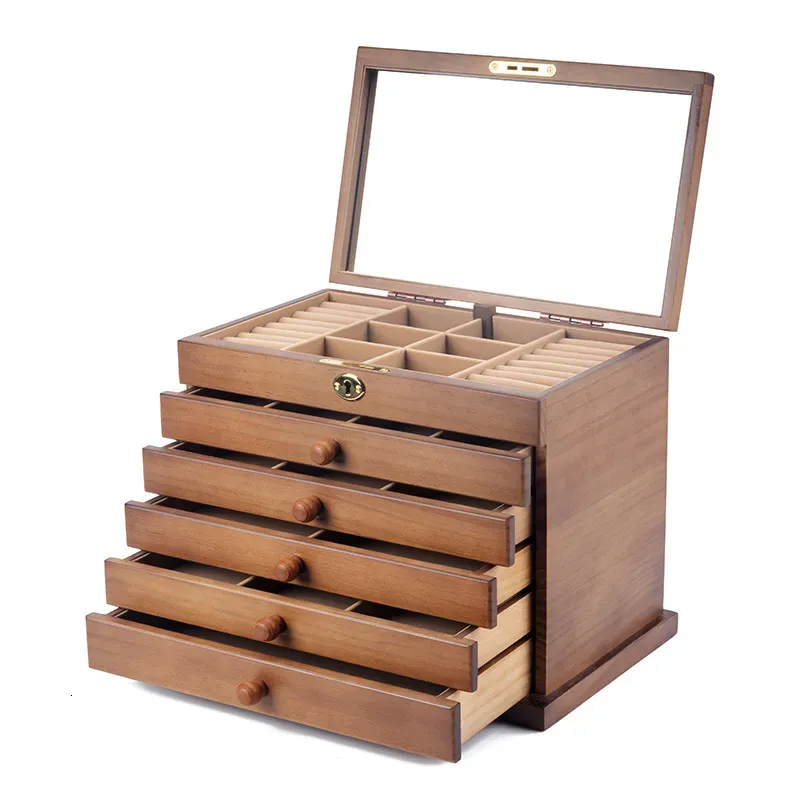 Jewelry Settings Drawer Box Organizer Storage Chinese Style Pine Wooden Large High Capacity Luxurious Solid Wood Necklace Earrings