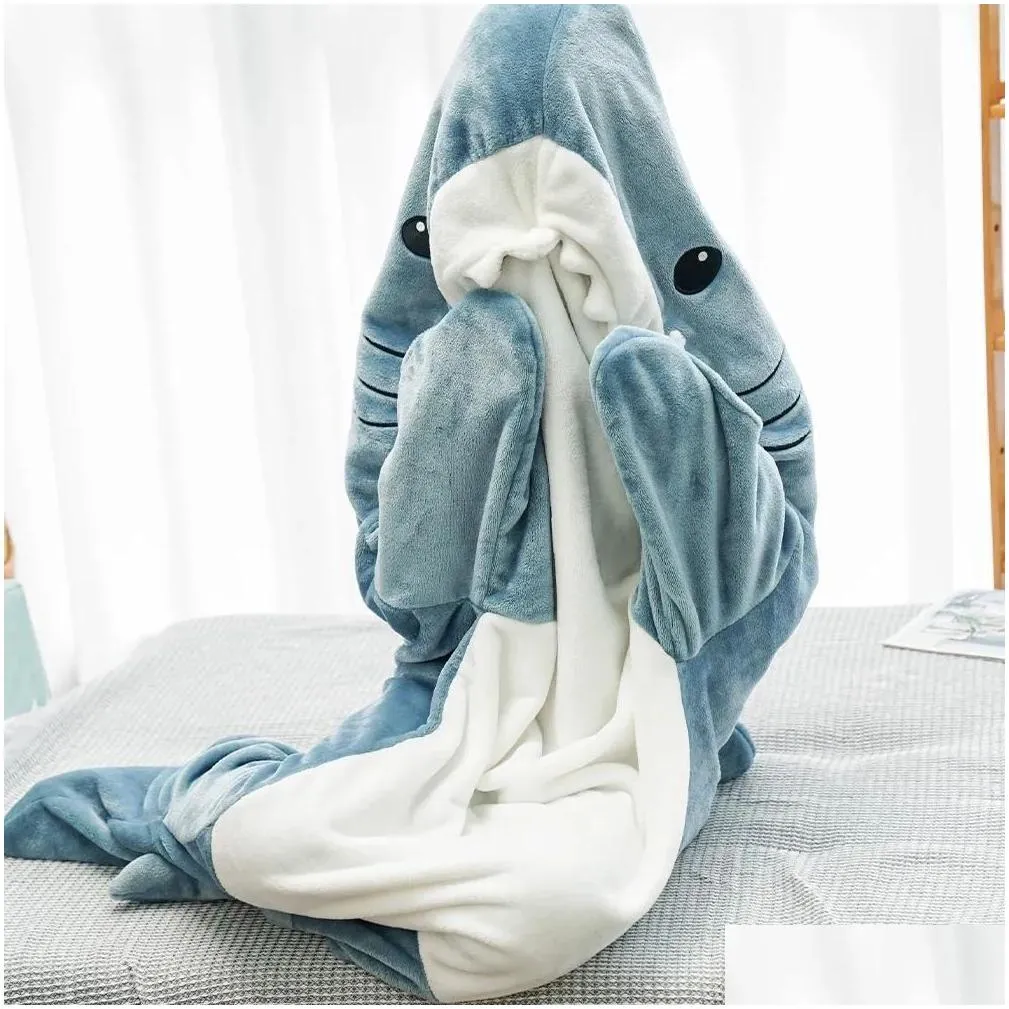 Blankets Cartoon Shark Sleeping Bag Pajamas Office Nap Shark Blanket Karakal High Quality Fabric Mermaid Shawl Blanket For Children Adult