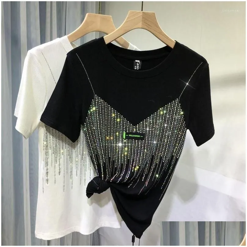 Summer Diamond Short Sleeve T Shirt For Women 4XL Plus Size Chic Casual Solid Color O Neck T-shirt Ladies Streetwear Tees Top