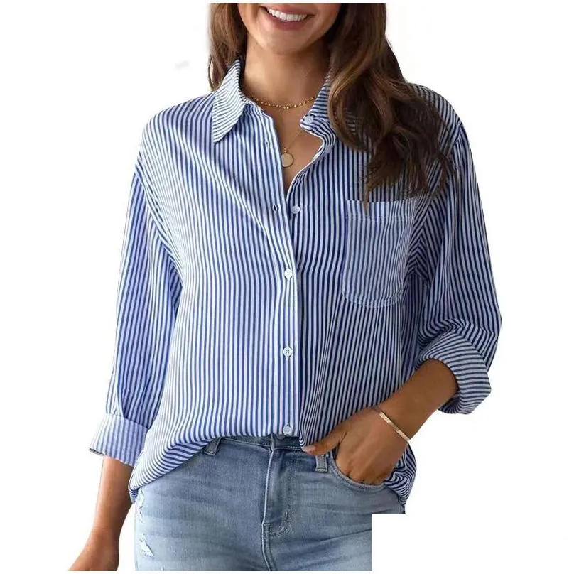 Womens shirt women`s shirt designer cottona button-up shirt Striped classic long-sleeved collared office work shirt with pocket Loose casual long