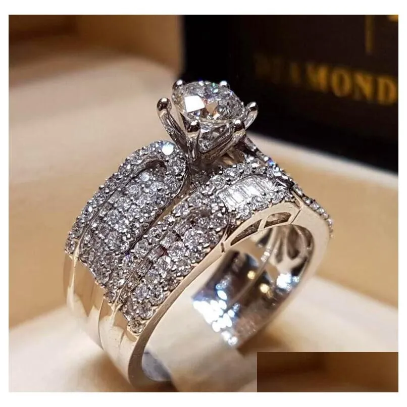 Vecalon Diamond Wedding Ring Set Fashion 925 Silver White Bridal Ring Jewelry Promise Love Engagement Rings For Women