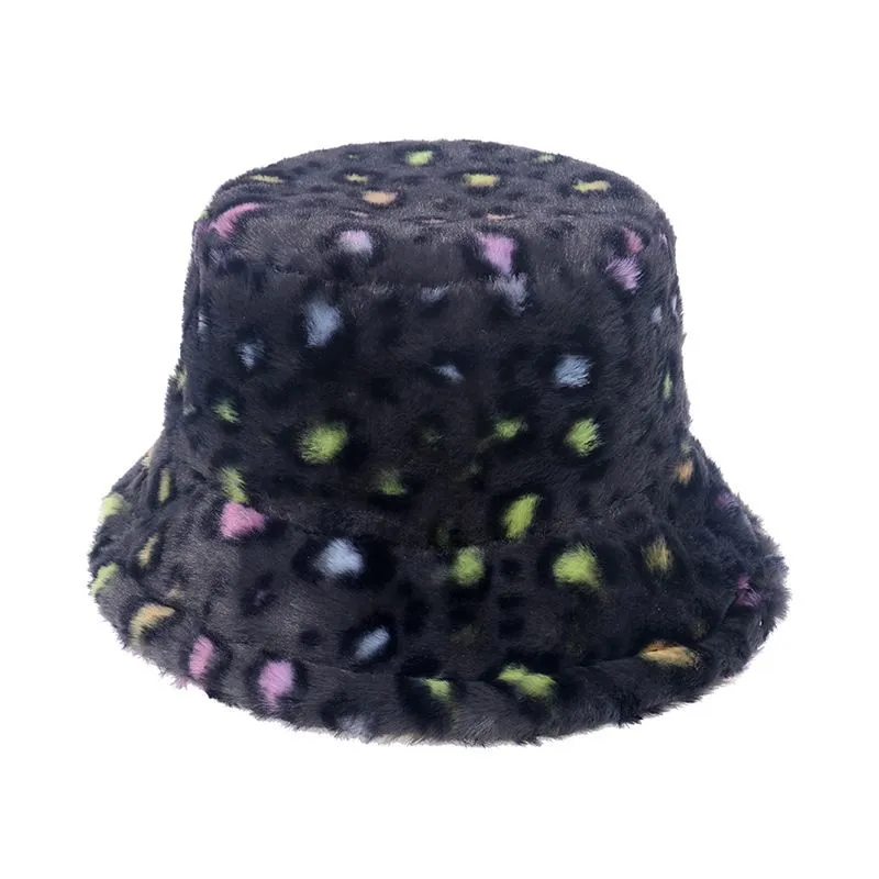 Ethnic Clothing Imitation Fur Bucket Hat Unisex Winter Panama Small Colored Leopard Print WarmBasin Lady