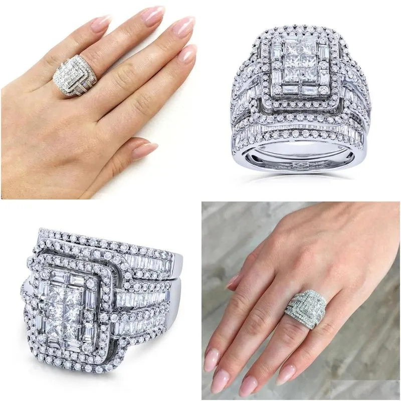 Ring Engagement Rings For Women Charm Female White Crystal Stone Set Luxury Big Silver Color For Vintage Bridal Square