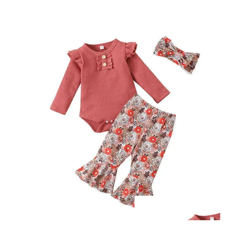 Clothing Sets 0-24M Newborn Girls Floral Clothes Outfits Ruffles Sleeve Flare Pants Headband 3Pcs Spring Fall Baby Girls Clothing Set
