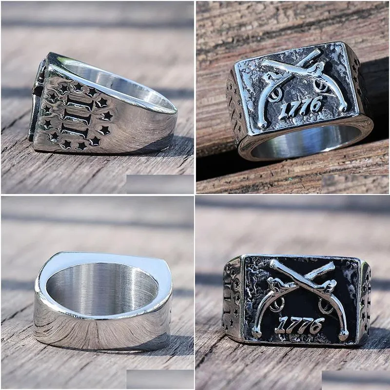 Vintage 1776 Independence Day Ring Heavy Sugar 14K White Gold  Men Rings Double Guns Punk Gothic Ring Mens Biker Jewelry