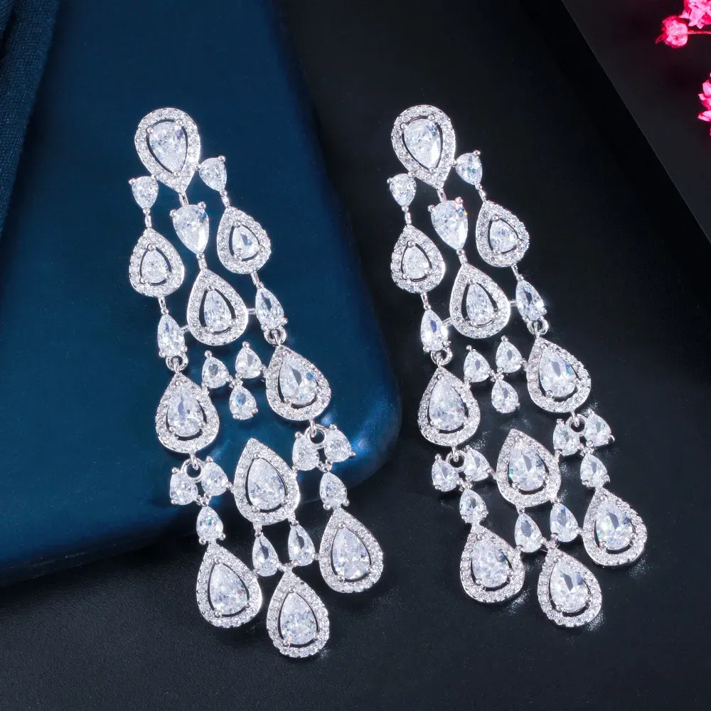 14K White Gold Vintage Dubai Diamond Tassel Earring Wedding Drop Earrings Stud for Women Bridal Promise Engagement Party Jewelry Gift