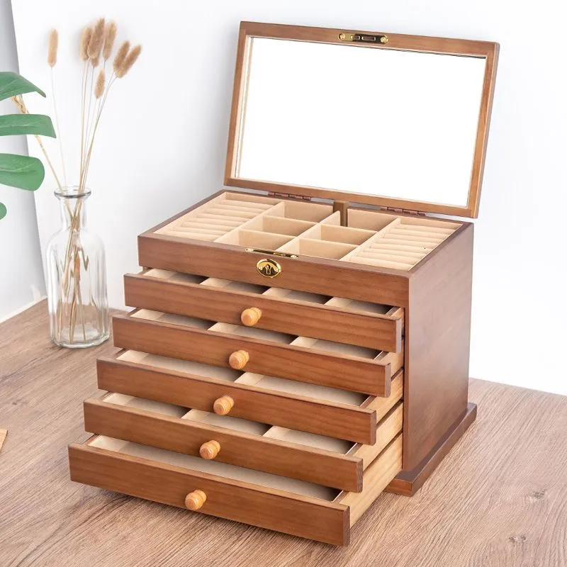 Jewelry Settings Drawer Box Organizer Storage Chinese Style Pine Wooden Large High Capacity Luxurious Solid Wood Necklace Earrings