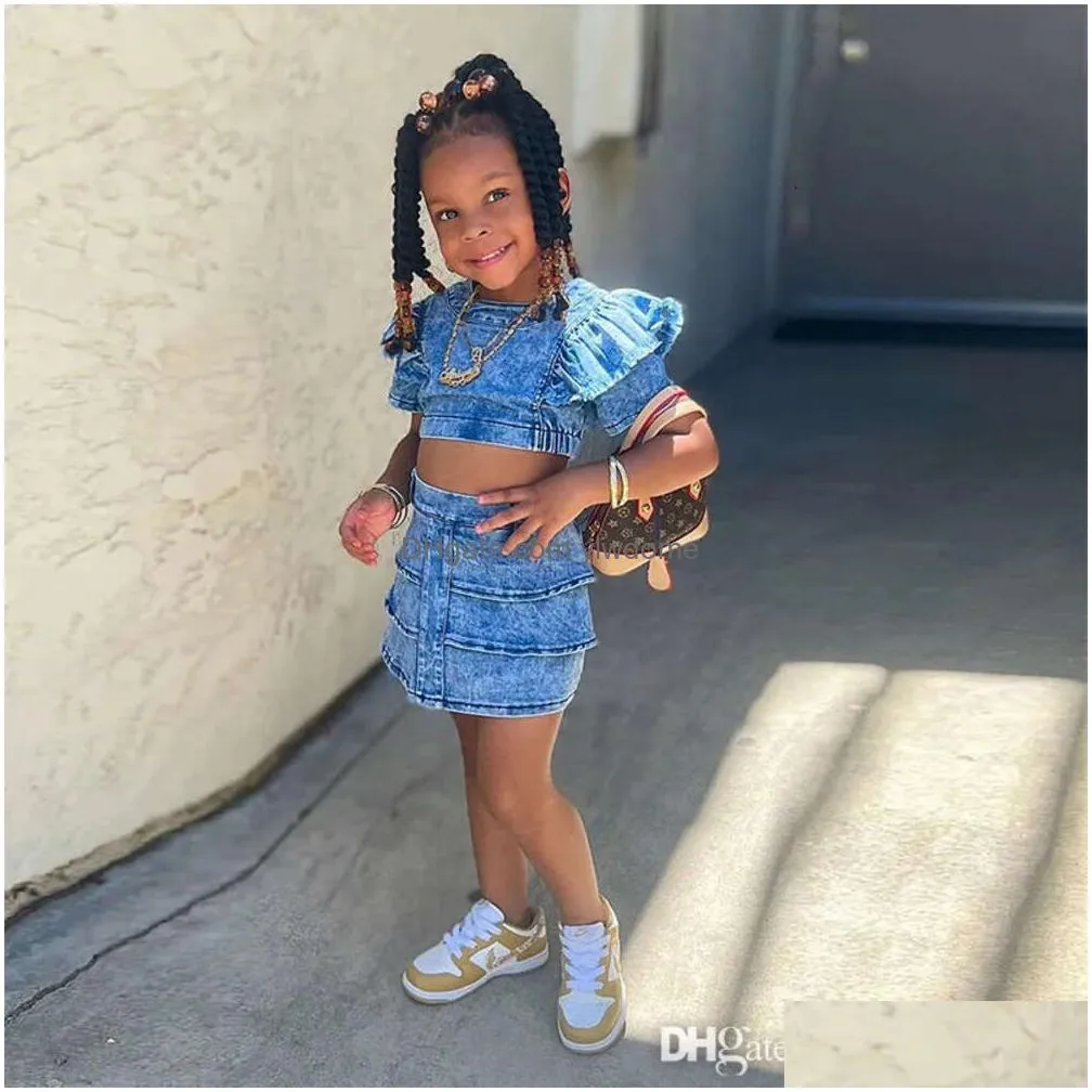 Clothing Sets Summer Kids Clothes Girls Two Dress Piece Denim Tops And Tiered Skirt Set Washed Jeans Street Style Toddler Children Dro Dheso
