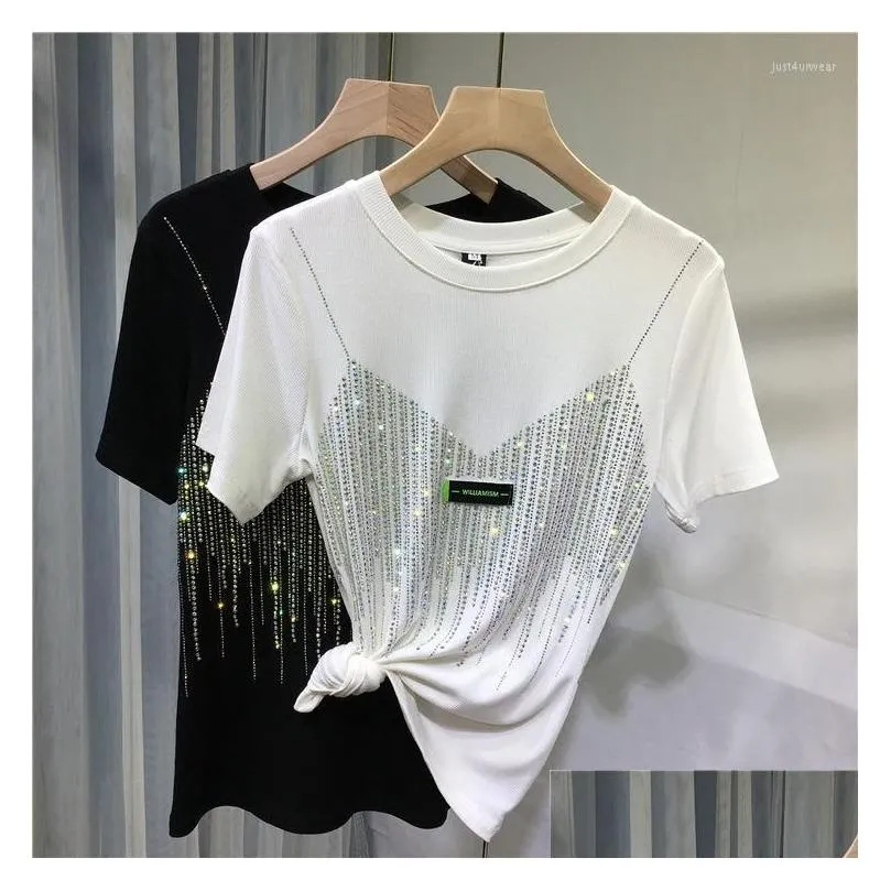 Summer Diamond Short Sleeve T Shirt For Women 4XL Plus Size Chic Casual Solid Color O Neck T-shirt Ladies Streetwear Tees Top