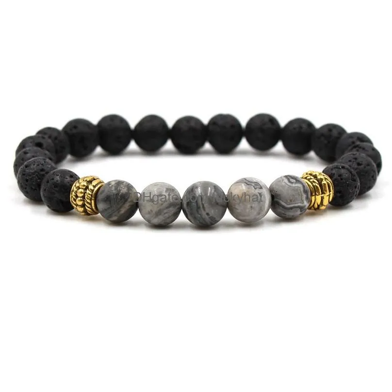 Charm Bracelets Natural Tiger Eye Black Lava Stone Beads Bracelet Charms  Oil Diffuser Weathering Agate Stones Elastic Drop Dhkpy