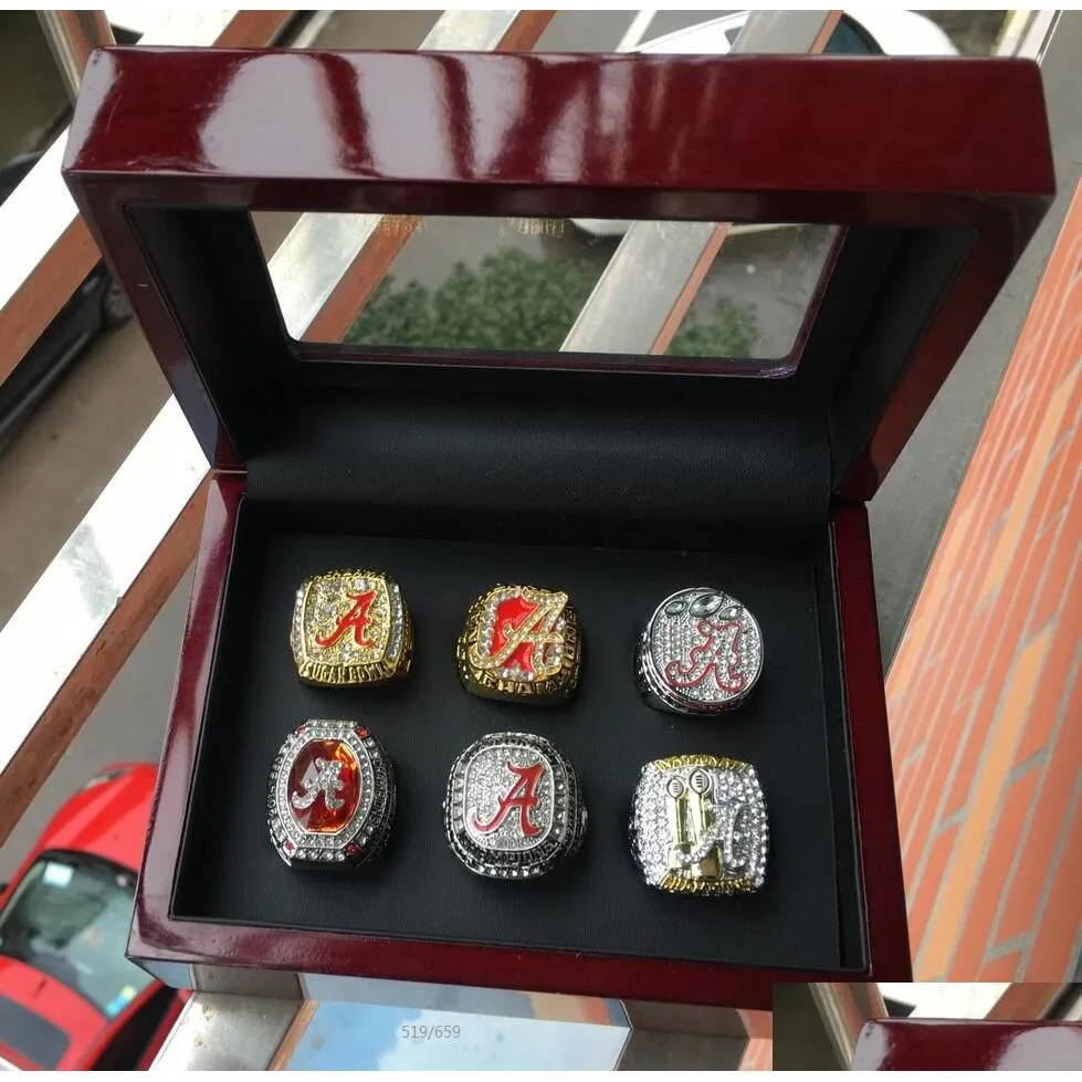 Alabama 6PCS Crimson Tide SABAN National Football Team Championship ring With Wooden Display Box Souvenir Men Fan Gift 2019 2020