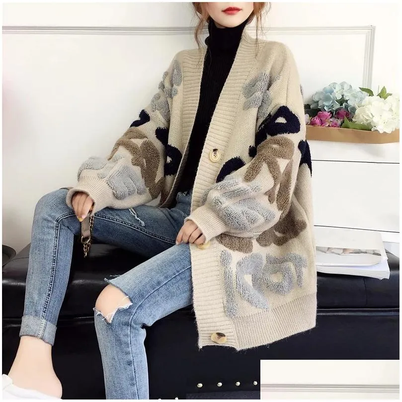 Women`S Sweaters Women Cardigan Letter Pattern Knitted Sweater Korean Street Style Loose Ladies Jacket Spring And Autumn Drop Deliver Dhyjq